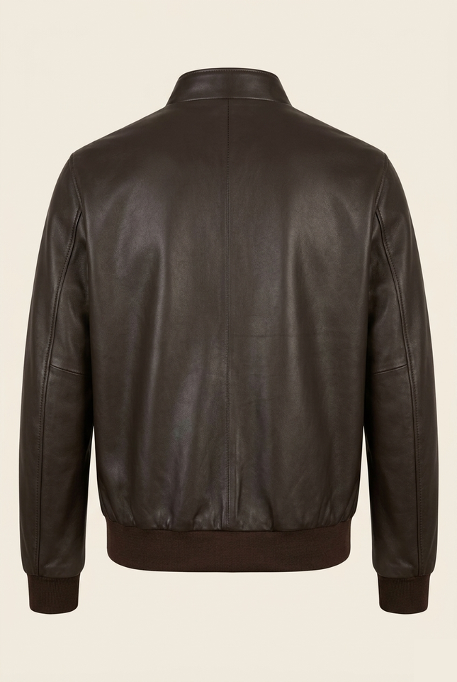 Men's Leather Bomber Jacket - Dark Brown - Back - Ron Tomson