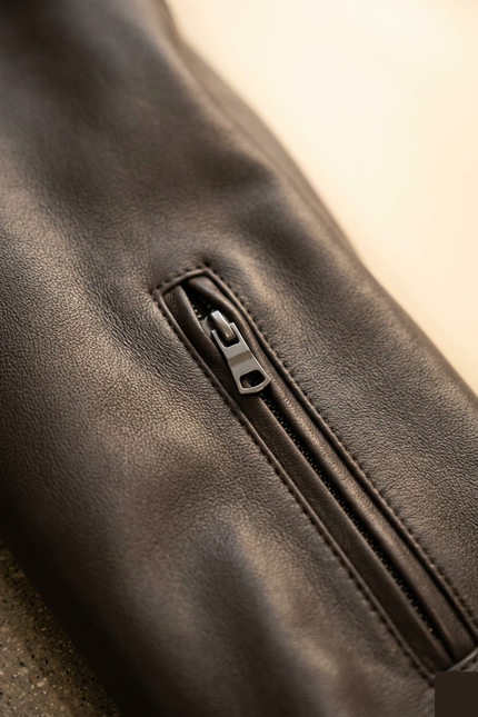 Men's Leather Bomber Jacket - Dark Brown - Detail - Ron Tomson