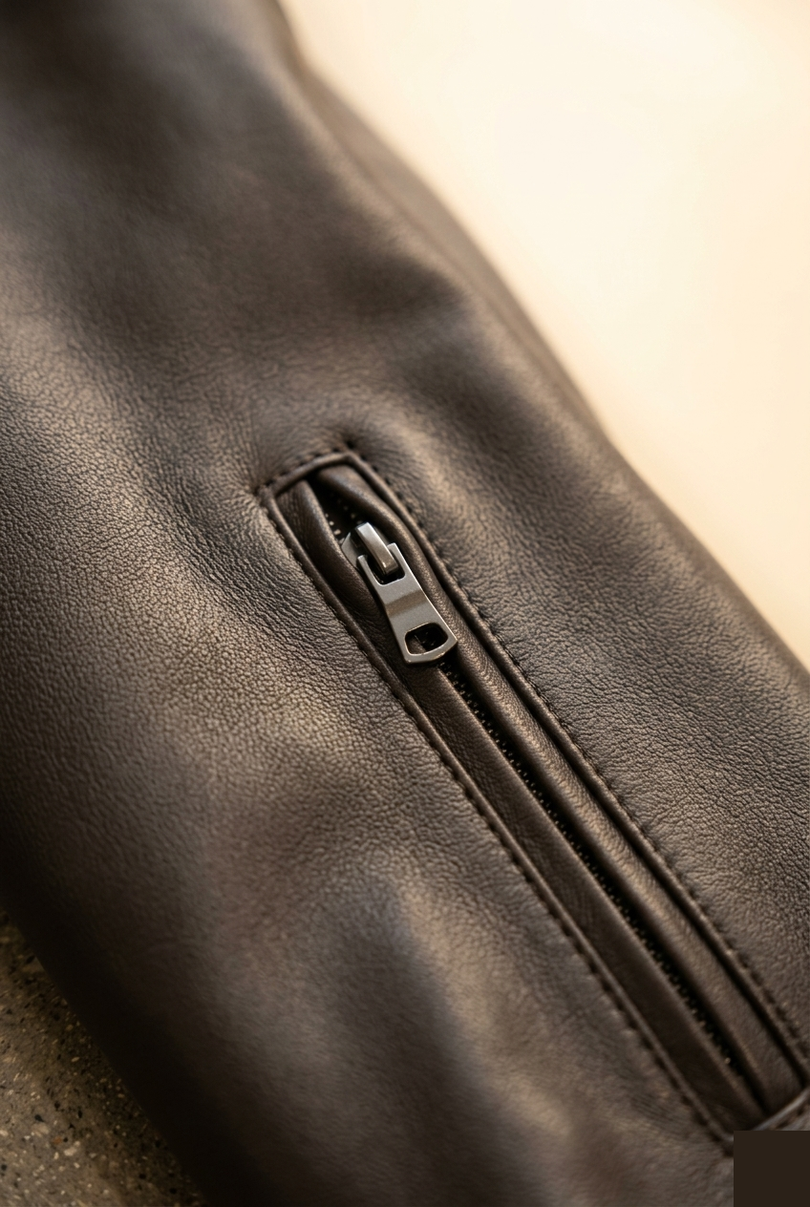 Men's Leather Bomber Jacket - Dark Brown - Detail - Ron Tomson