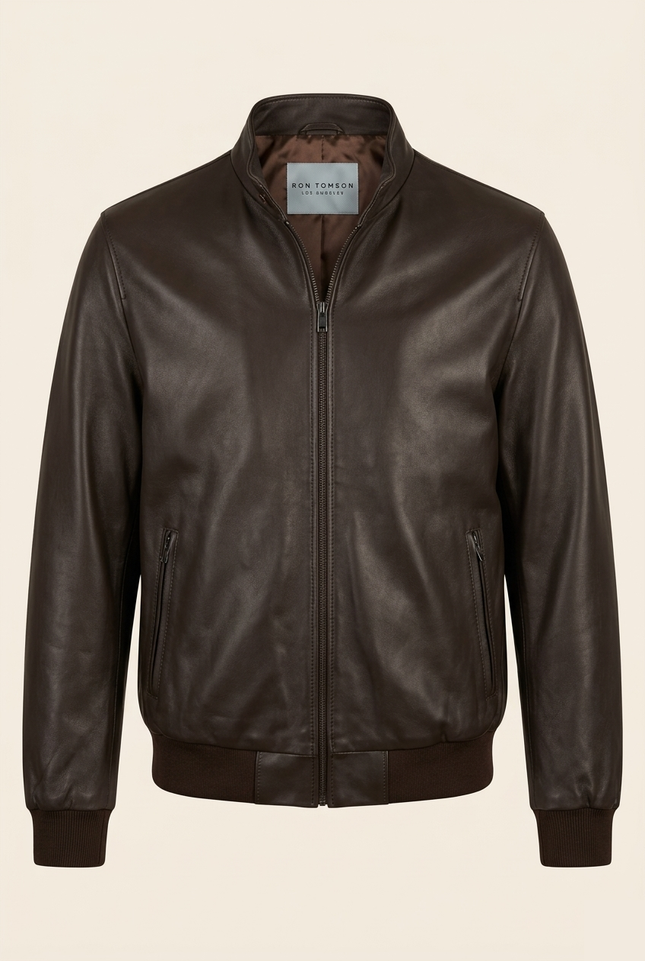 Men's Leather Bomber Jacket - Dark Brown - Ron Tomson