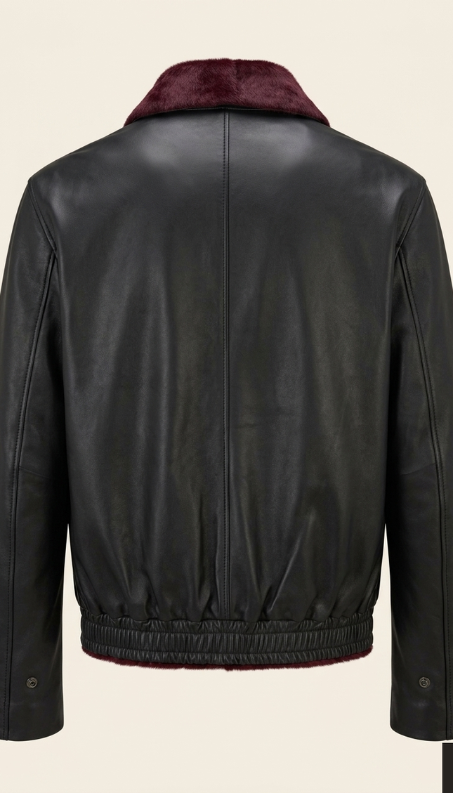 Men's Calf Hair Leather Jacket - Burgundy Black - Back - Ron Tomson
