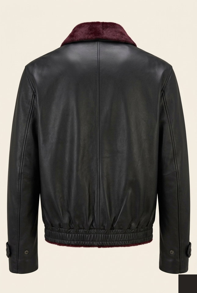 Men's Calf Hair Leather Jacket - Burgundy Black - Back - Ron Tomson