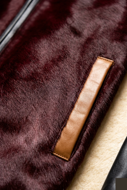 Men's Calf Hair Leather Jacket - Burgundy Black - Detail - Ron Tomson