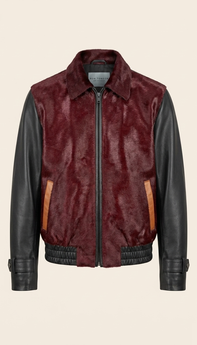 Men's Calf Hair Leather Jacket - Burgundy Black - Ron Tomson