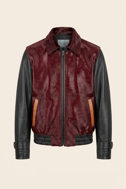 Men's Calf Hair Leather Jacket - Burgundy Black - Ron Tomson