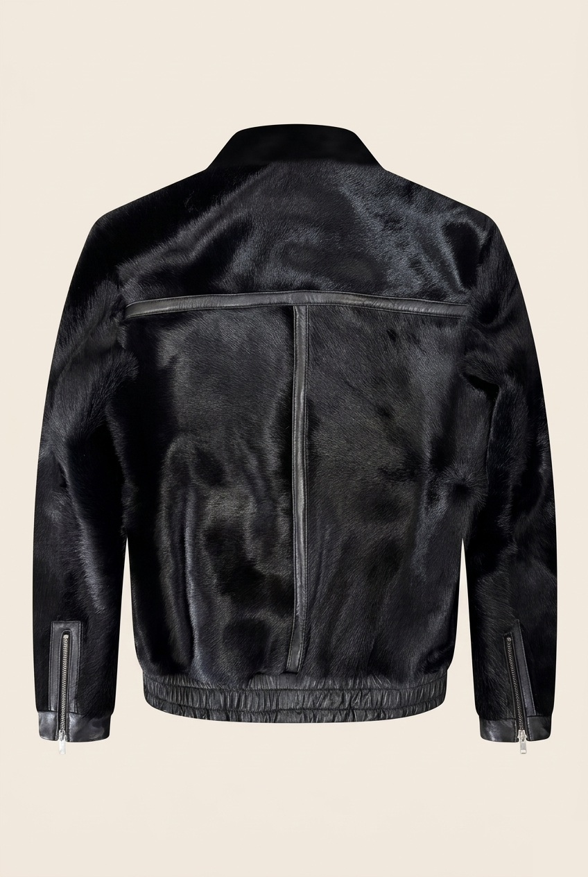 Men's Calf Hair Leather Bomber Jacket - Black | Ron Tomson