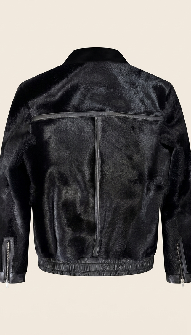 Men's Calf Hair Leather Jacket - Black - Back - Ron Tomson
