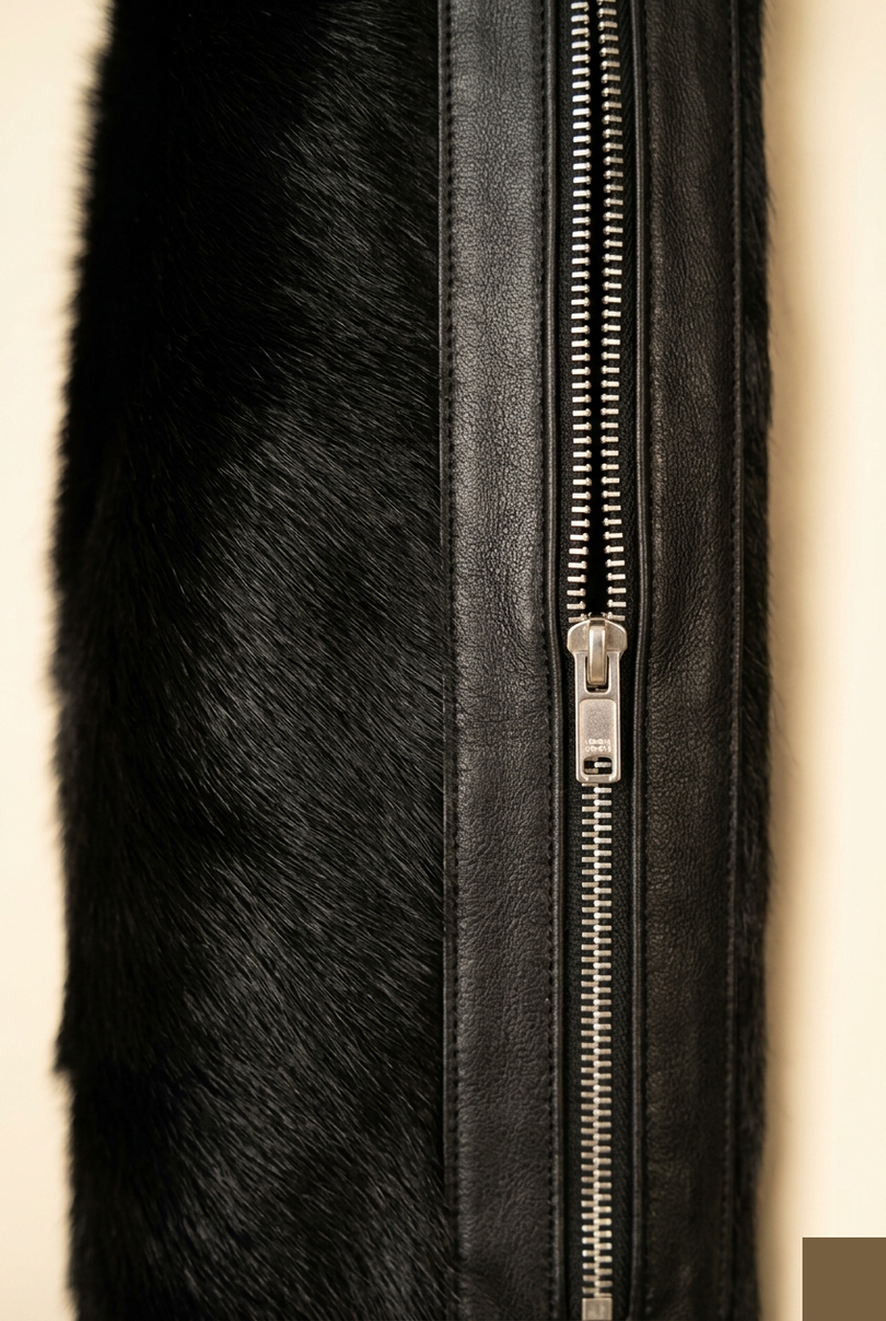 Men's Calf Hair Leather Jacket - Black - Detail - Ron Tomson