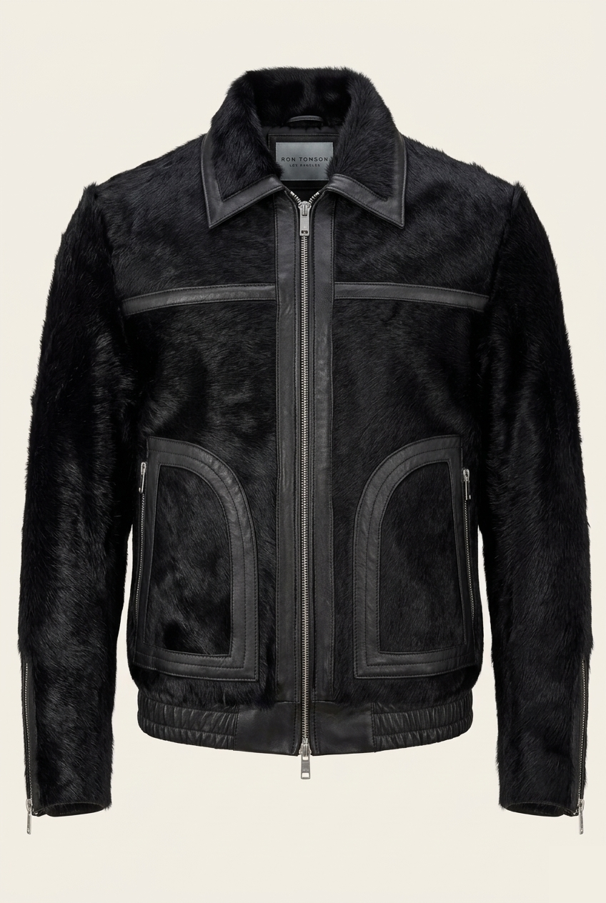 Men's Calf Hair Leather Bomber Jacket - Black | Ron Tomson