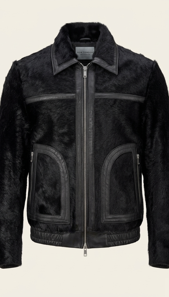 Men's Calf Hair Leather Jacket - Black - Ron Tomson