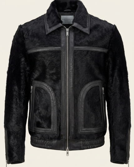 Men's Calf Hair Leather Jacket - Black - Ron Tomson