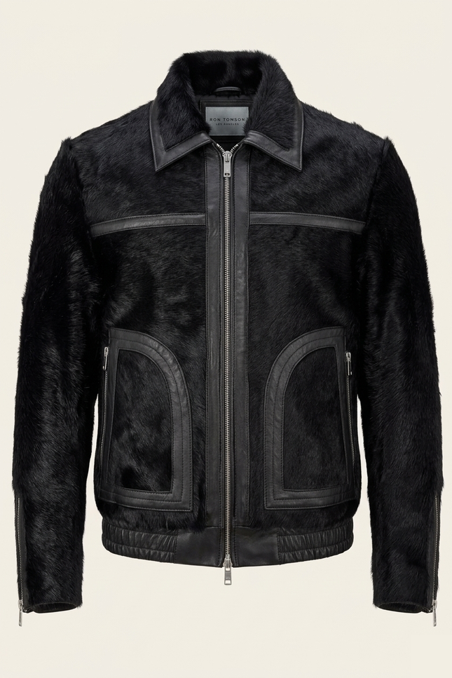 Men's Calf Hair Leather Jacket - Black - Ron Tomson