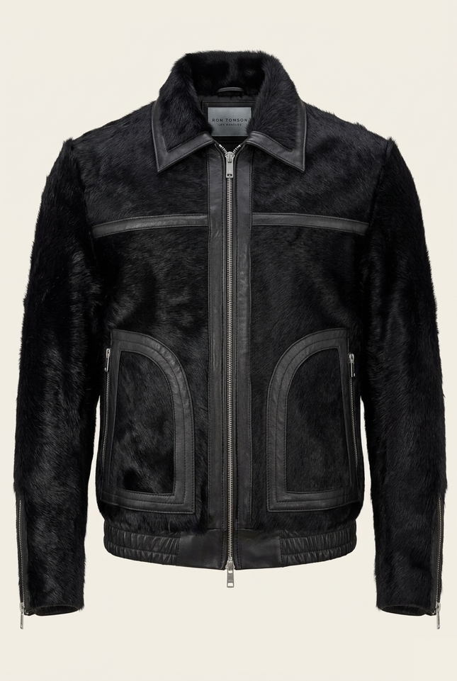 Men's Calf Hair Leather Jacket - Black - Ron Tomson