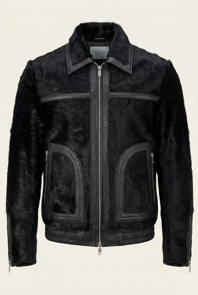 Men's Calf Hair Leather Jacket - Black - Ron Tomson
