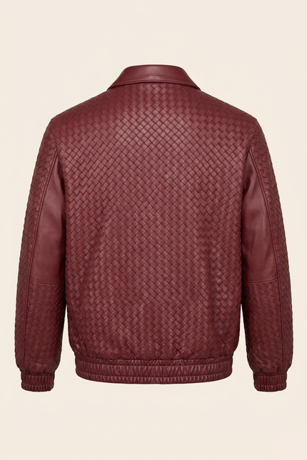 Men's Woven Leather Bomber Jacket - Wine - Back - Ron Tomson