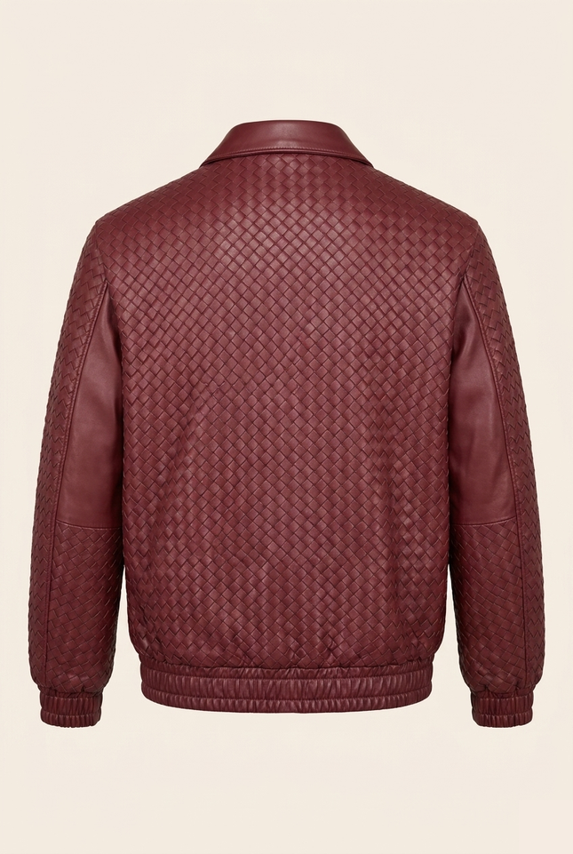 Men's Woven Leather Bomber Jacket - Wine - Back - Ron Tomson