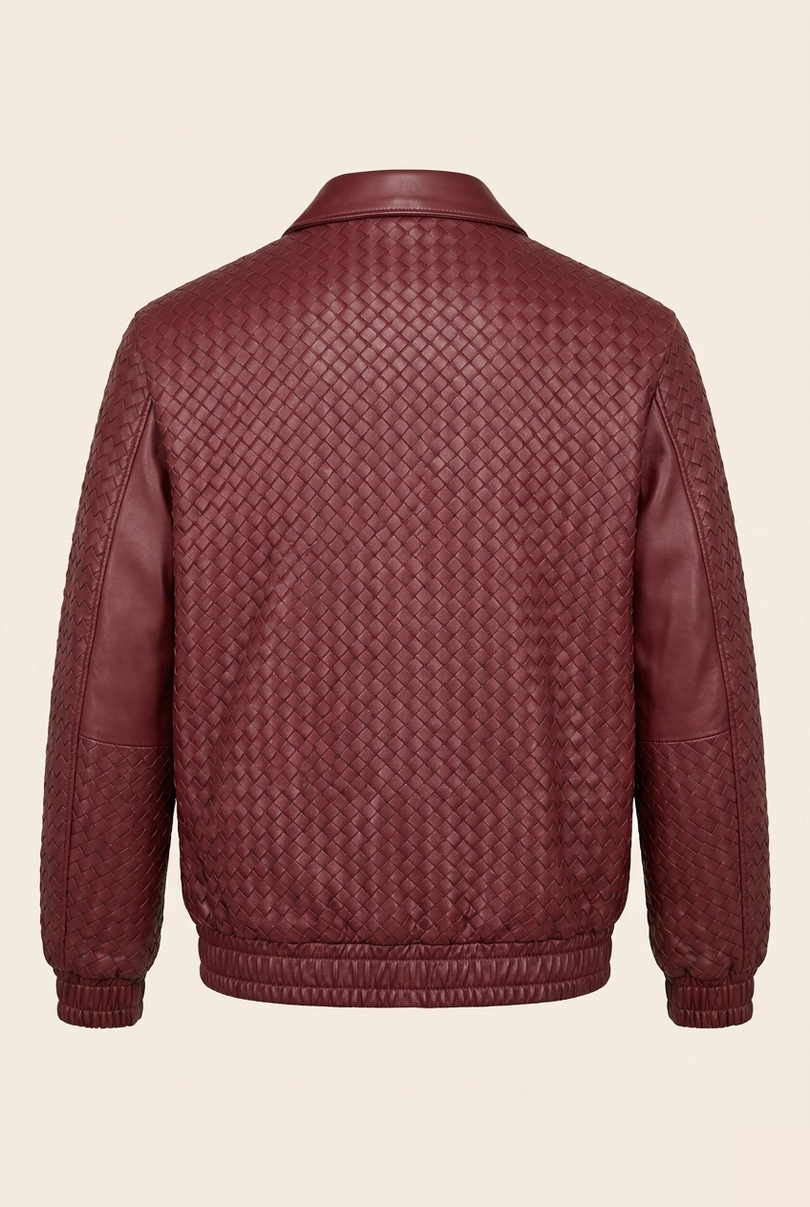 Men's Woven Leather Bomber Jacket - Wine - Back - Ron Tomson