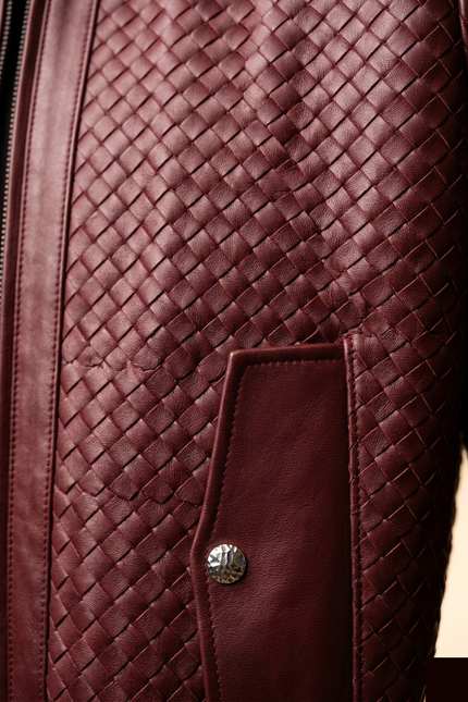 Men's Woven Leather Bomber Jacket - Wine - Detail - Ron Tomson