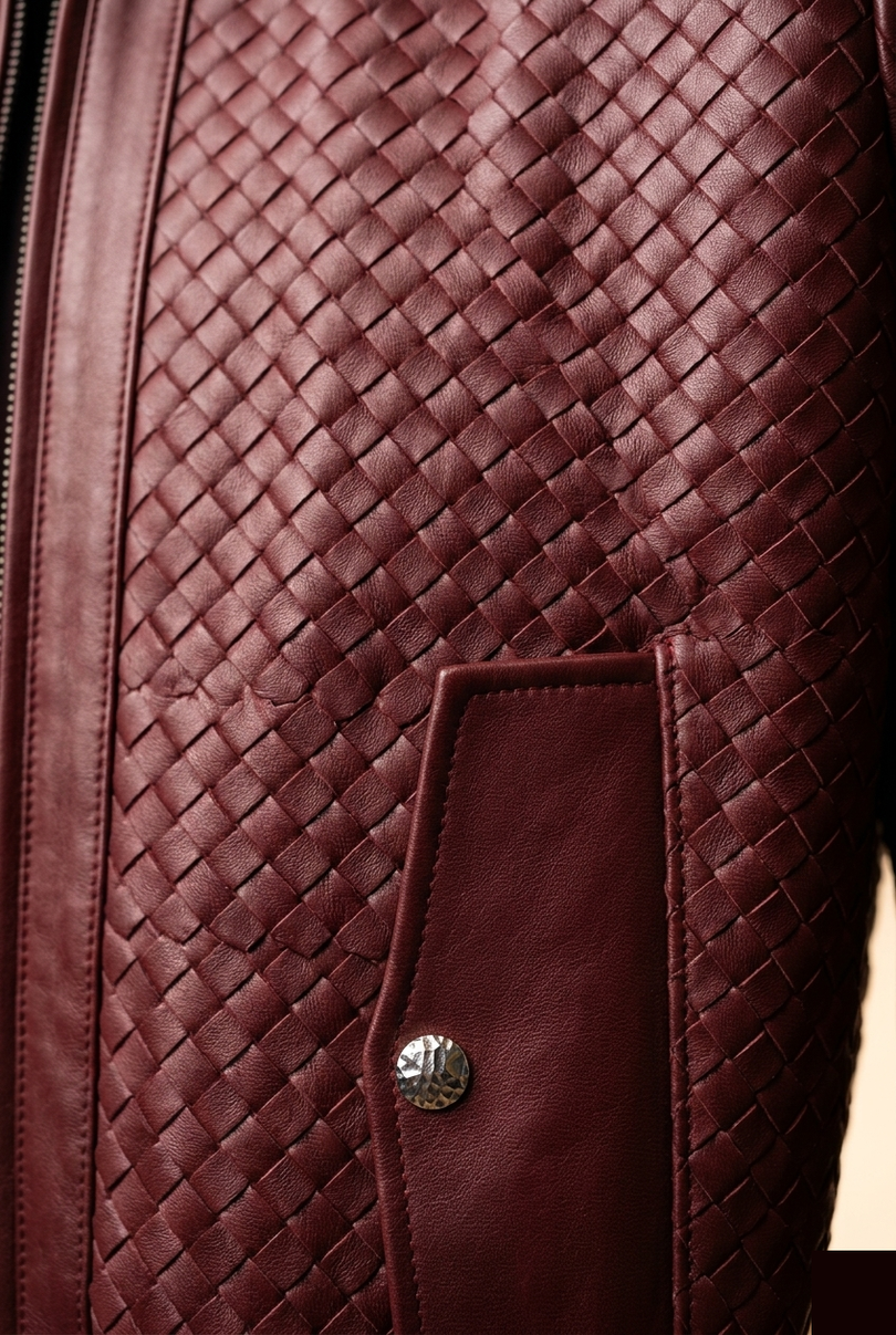 Men's Woven Leather Bomber Jacket - Wine - Detail - Ron Tomson