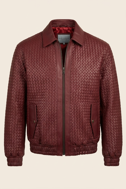 Men's Woven Leather Bomber Jacket - Wine - Ron Tomson
