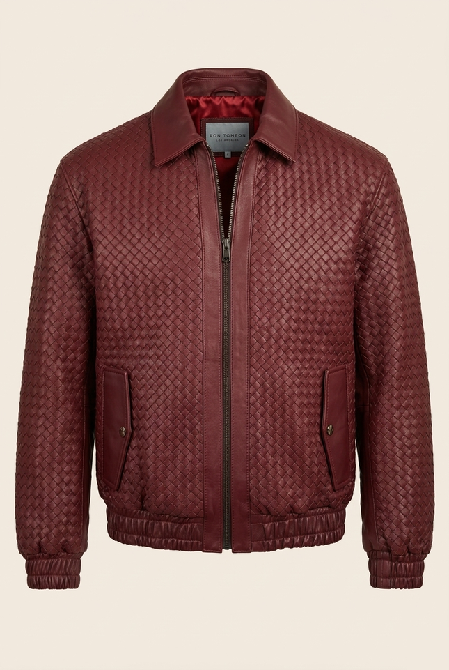 Men's Woven Leather Bomber Jacket - Wine - Ron Tomson