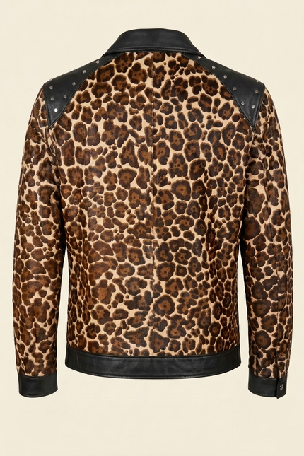 Men's Leopard Calf Hair Leather Jacket - Black - Back - Ron Tomson