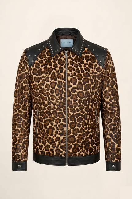 Men's Leopard Calf Hair Leather Jacket - Black - Ron Tomson