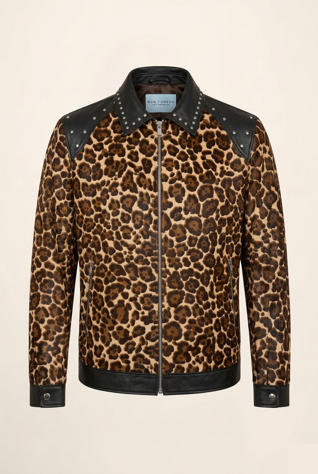 Men's Leopard Calf Hair Leather Jacket - Black - Ron Tomson