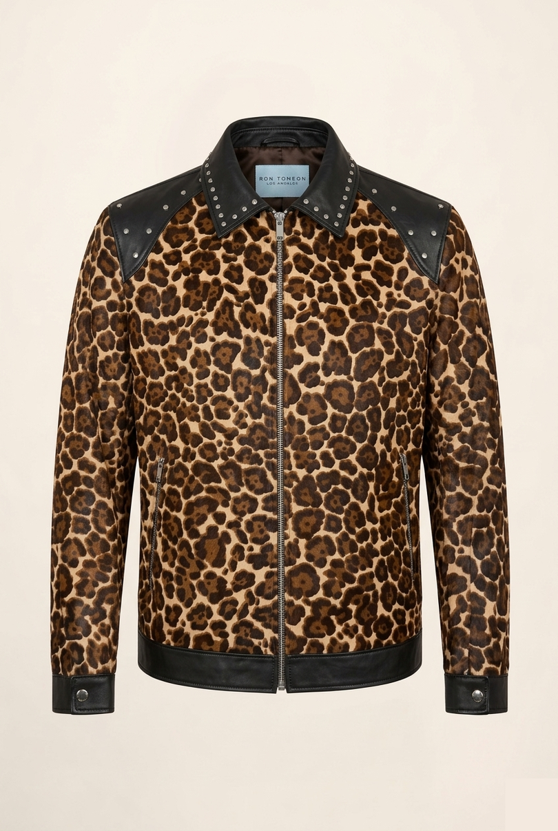 Men's Leopard Calf Hair Leather Jacket - Black - Ron Tomson