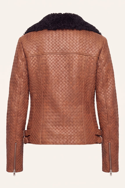 Woven Lambskin Biker Jacket with Shearling Collar - Brown - Back View