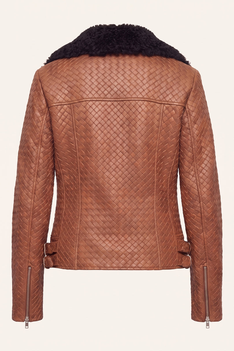 Woven Lambskin Biker Jacket with Shearling Collar - Brown - Back View