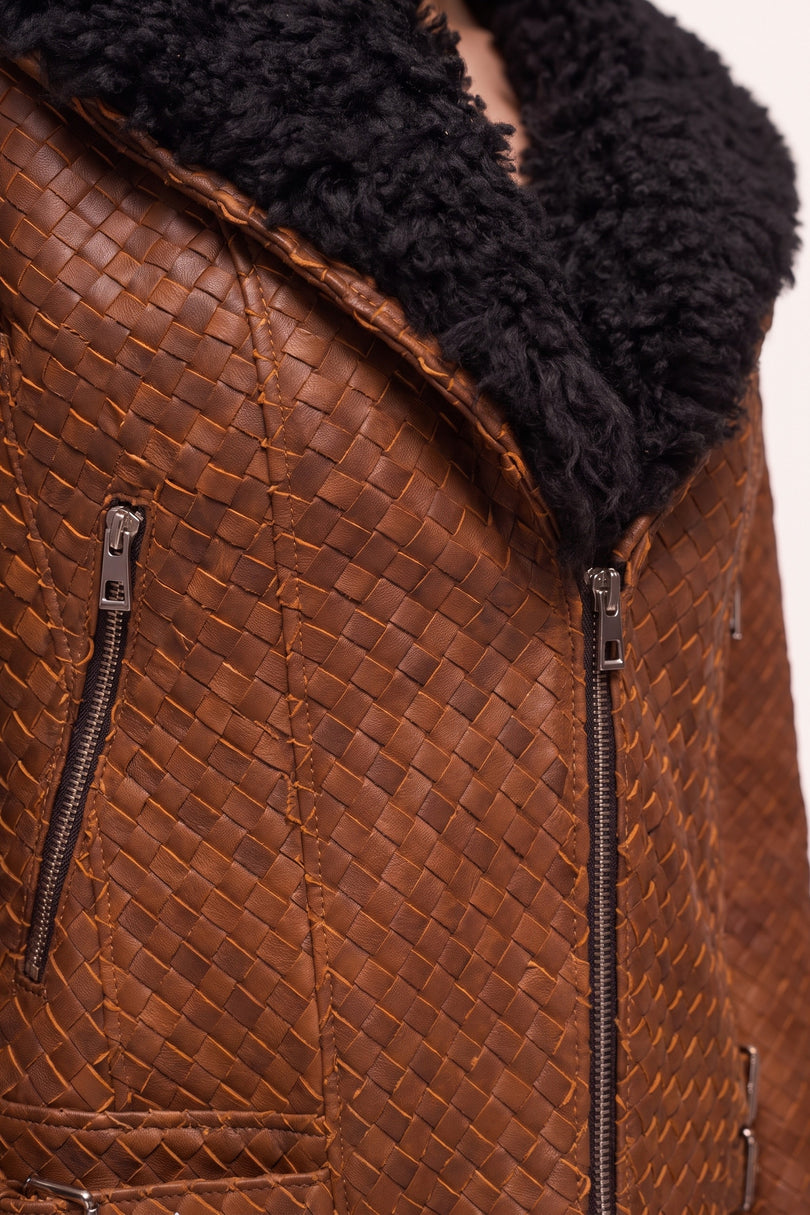 Woven Lambskin Biker Jacket with Shearling Collar - Brown - Detail View