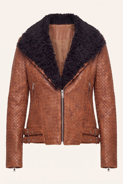 Woven Lambskin Biker Jacket with Shearling Collar - Brown - Front View