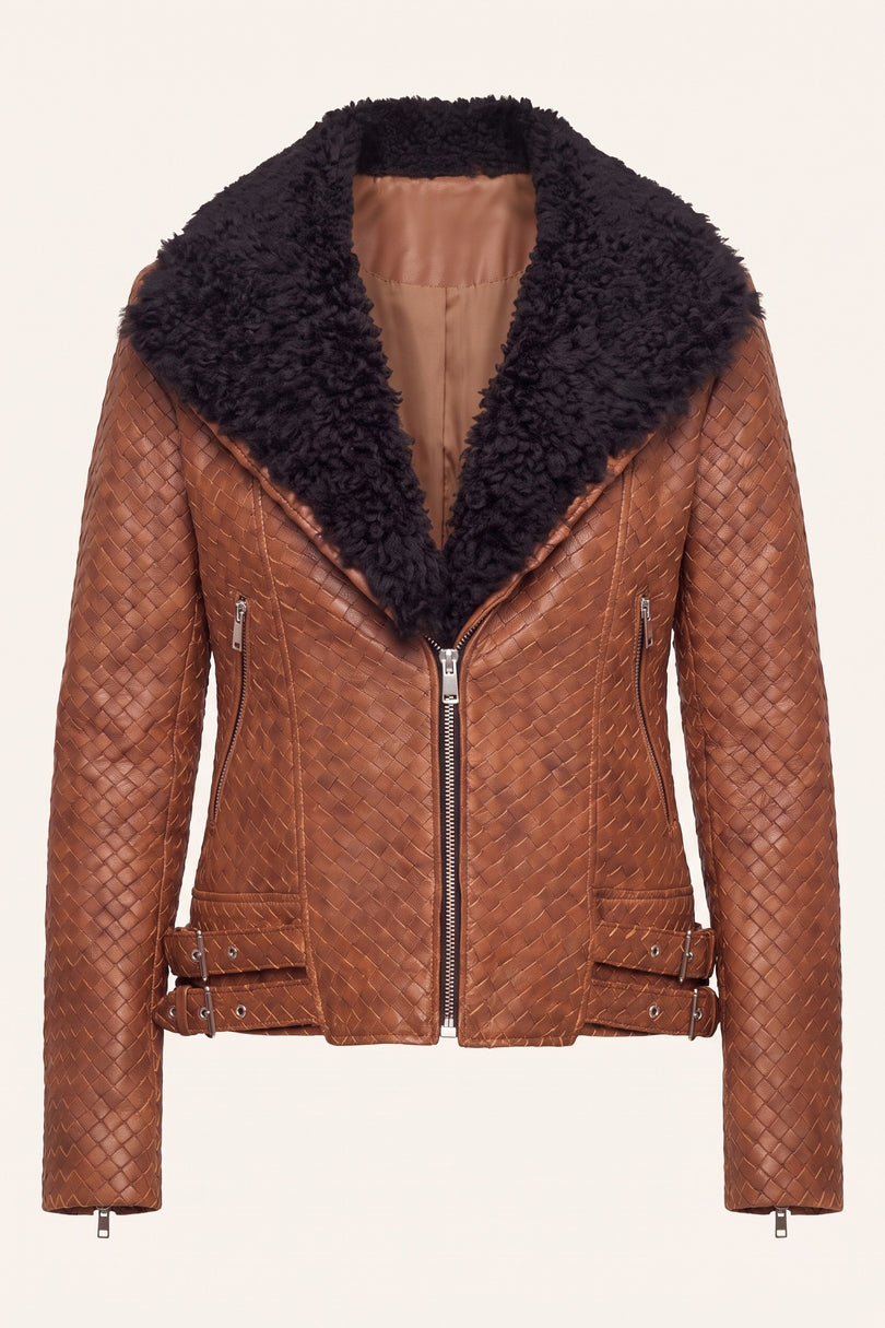 Woven Lambskin Biker Jacket with Shearling Collar - Brown - Front View