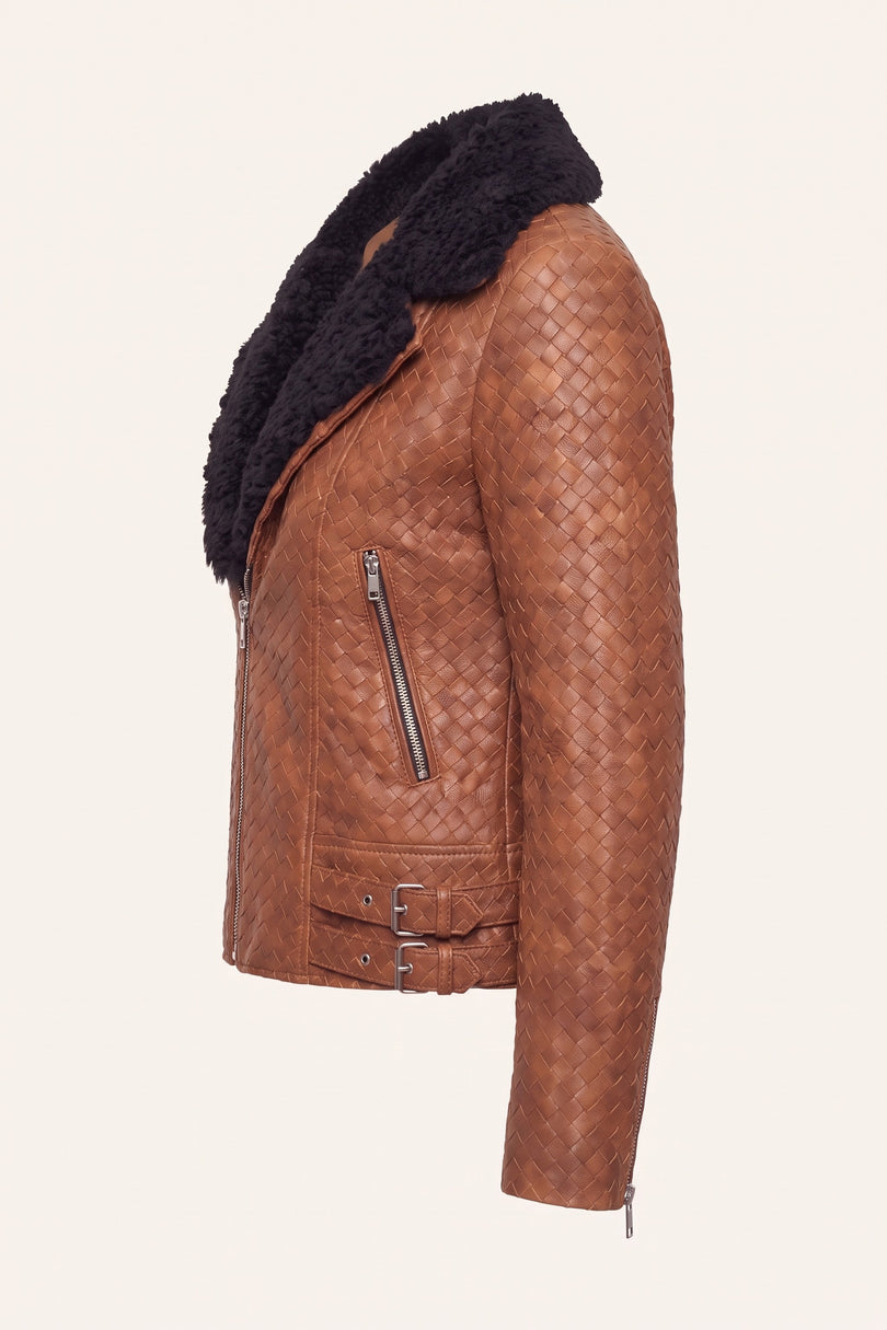Woven Lambskin Biker Jacket with Shearling Collar - Brown - Side View
