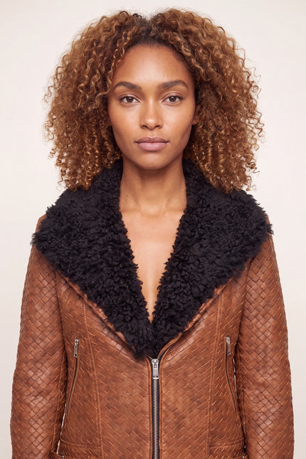 Woven Lambskin Biker Jacket with Shearling Collar - Brown