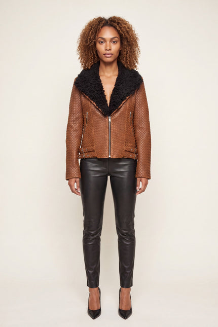 Woven Lambskin Biker Jacket with Shearling Collar - Brown