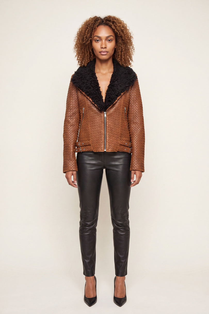 Woven Lambskin Biker Jacket with Shearling Collar - Brown