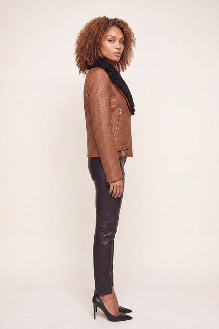 Woven Lambskin Biker Jacket with Shearling Collar - Brown