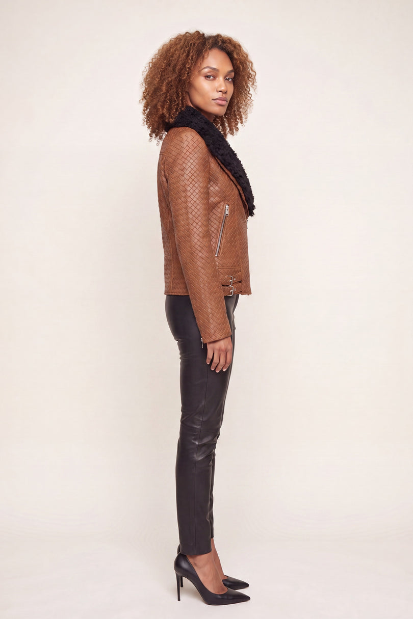 Woven Lambskin Biker Jacket with Shearling Collar - Brown
