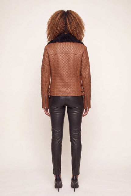 Woven Lambskin Biker Jacket with Shearling Collar - Brown