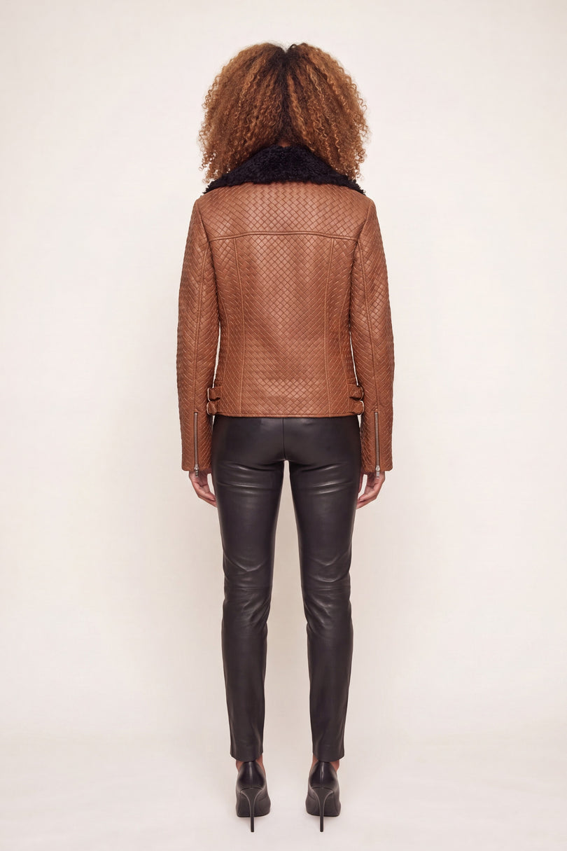 Woven Lambskin Biker Jacket with Shearling Collar - Brown
