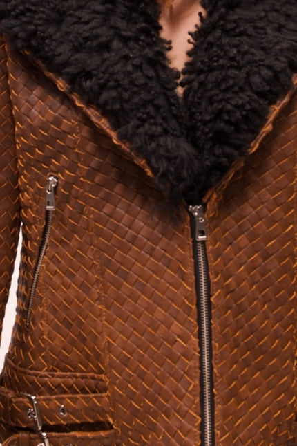 Woven Lambskin Biker Jacket with Shearling Collar - Brown