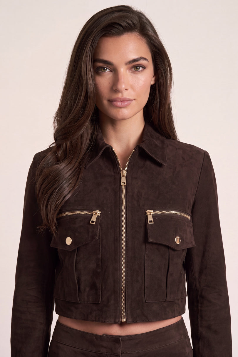 Suede Cropped Jacket - Chocolate