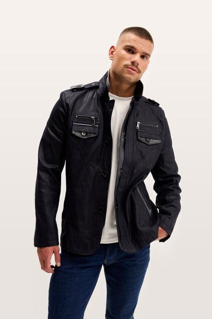 Lambskin Suede Epaulette Field Jacket - Navy