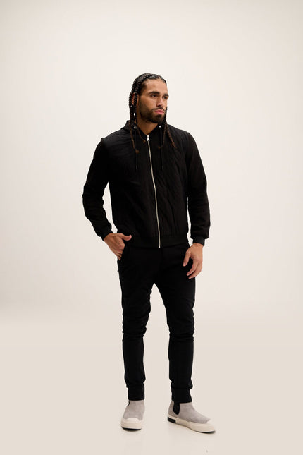 Mixed-Media Zippered Hooded Jacket - Black