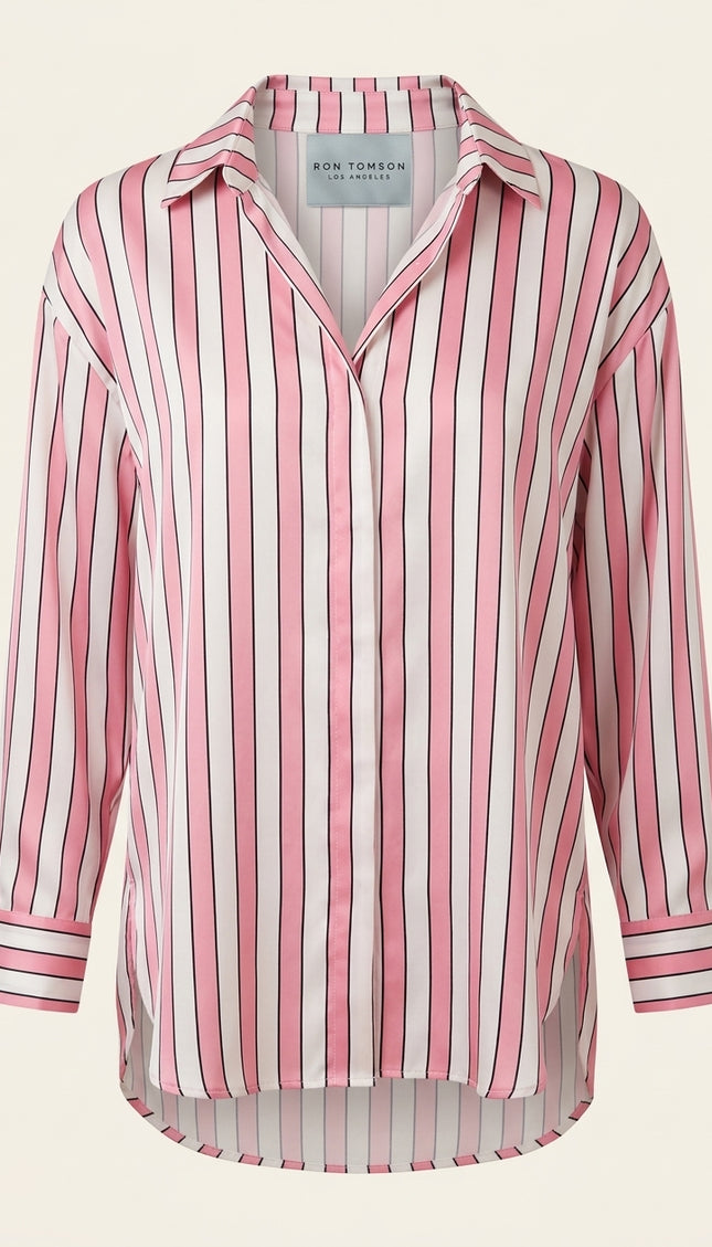 Striped Sateen Shirt - Pink - Front