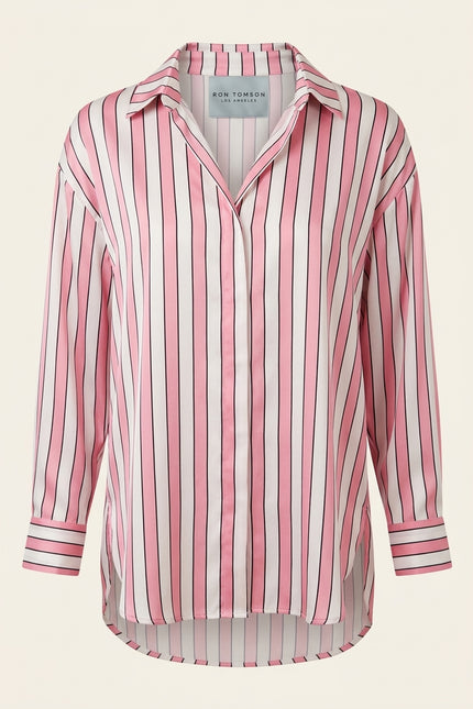 Striped Sateen Shirt - Pink - Front
