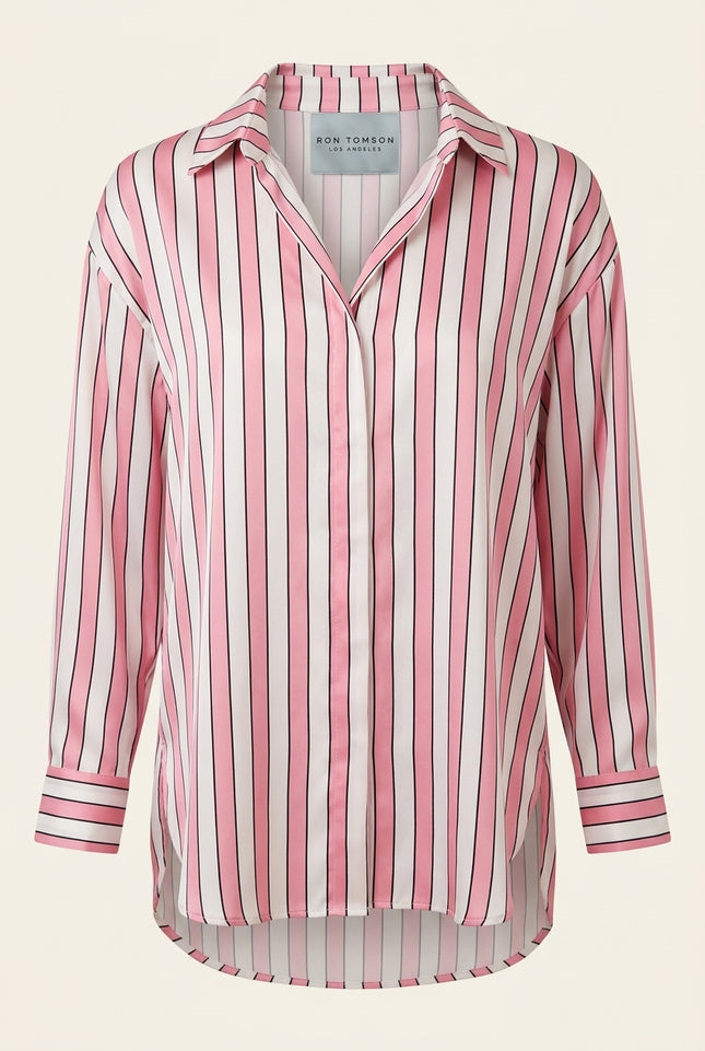 Striped Sateen Shirt - Pink - Front