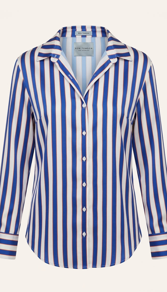 Striped Sateen Shirt - Blue - Front